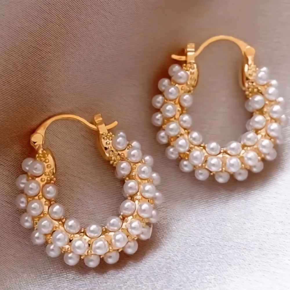 Elegant Gold and White Pearl Hoop Earrings